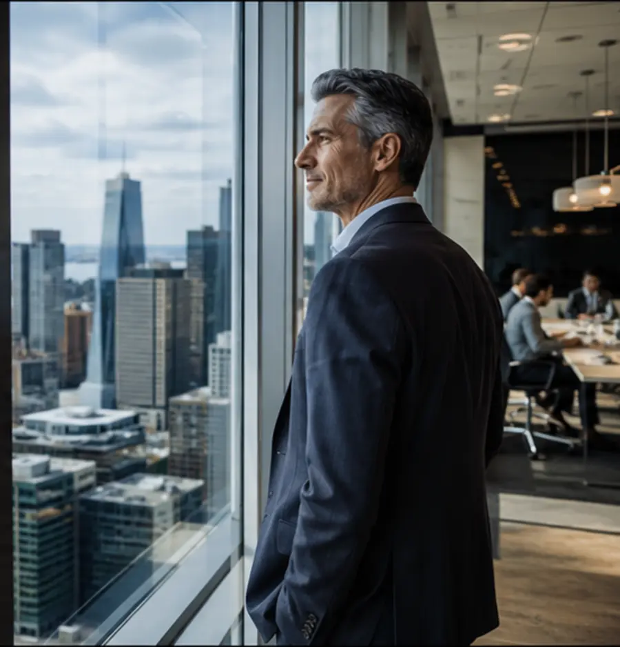 An executive looking through a contemporary office window while considering his next career move.