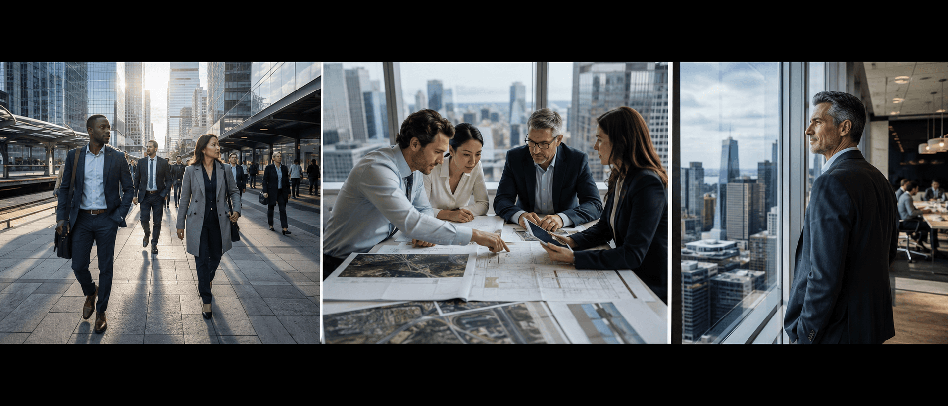 Professionals moving through a city, reviewing engineering plans, and considering a skyline before a meeting.