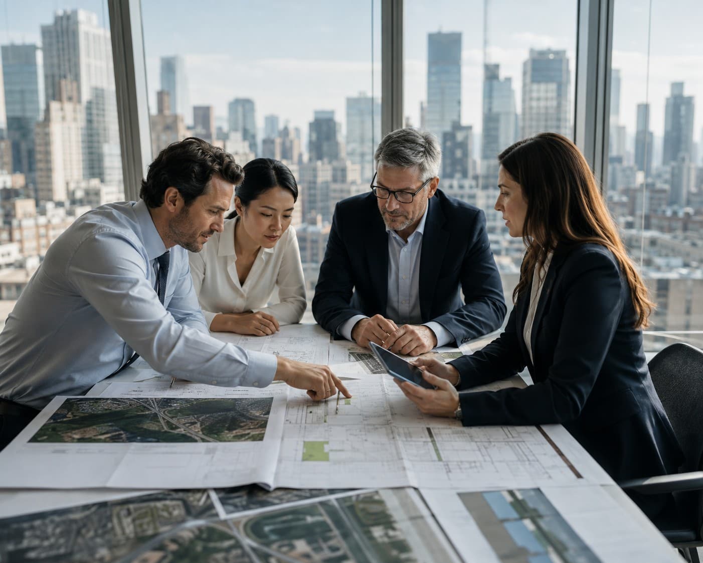 A team reviewing engineering plans together in a conference room.