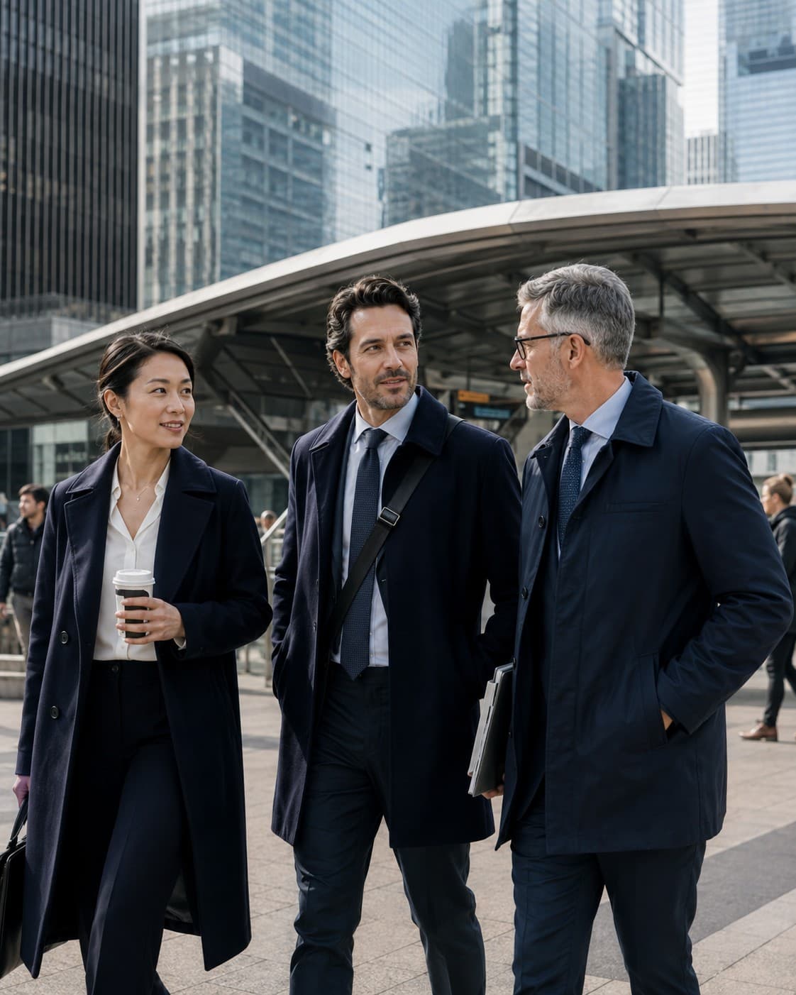 Professionals moving through a city on their way to work.