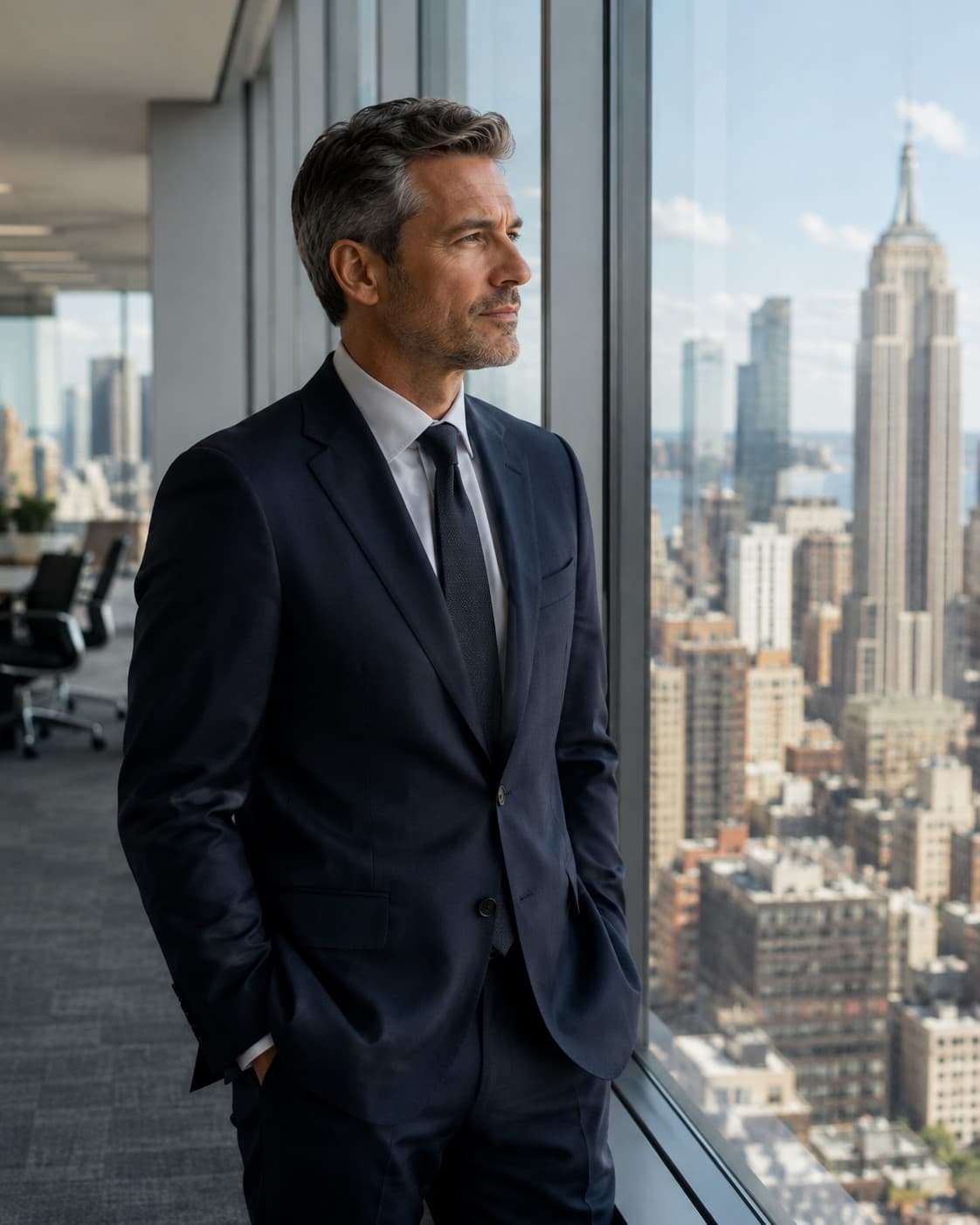 An executive looking through a contemporary office window while considering his next career move.